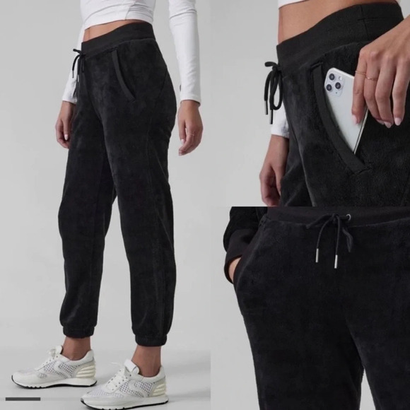 Athleta Double Cozy Karma Black Velour Fleece Plush Sweat pant Jogger Athleisure - Picture 2 of 15